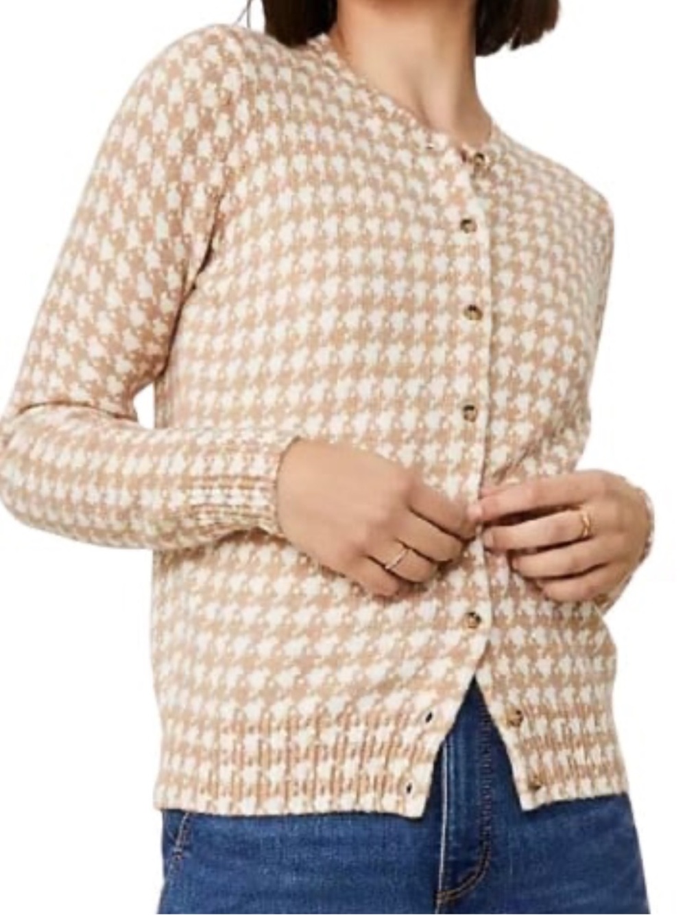 Ann Taylor Beige and Cream Houndstooth Button-Front Cardigan